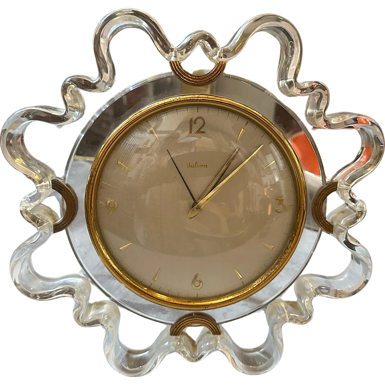 Brass and transparent lucite table alarm clock by Italora, 1950s 13