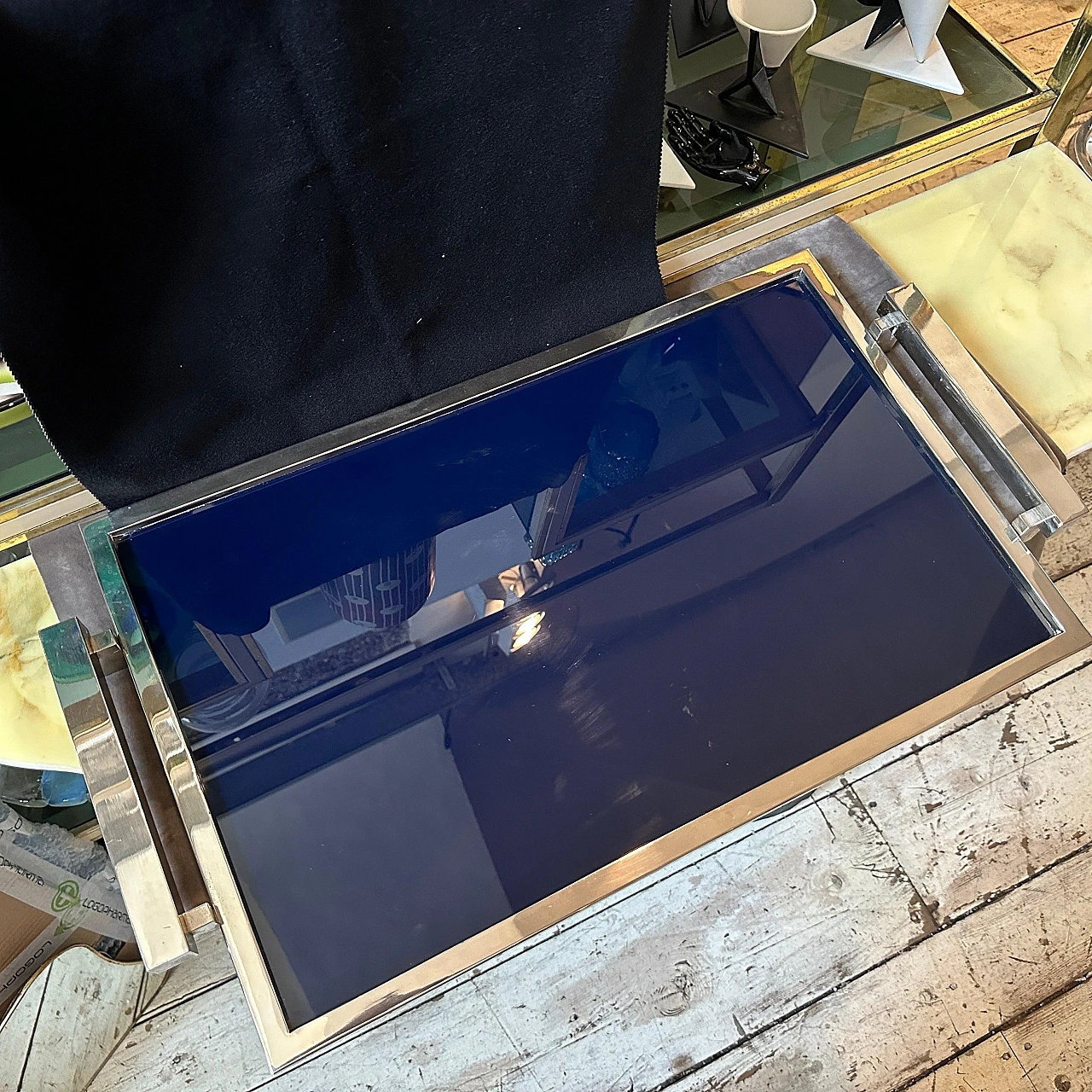 Rectangular tray in silver and blue glass, 1960s 2