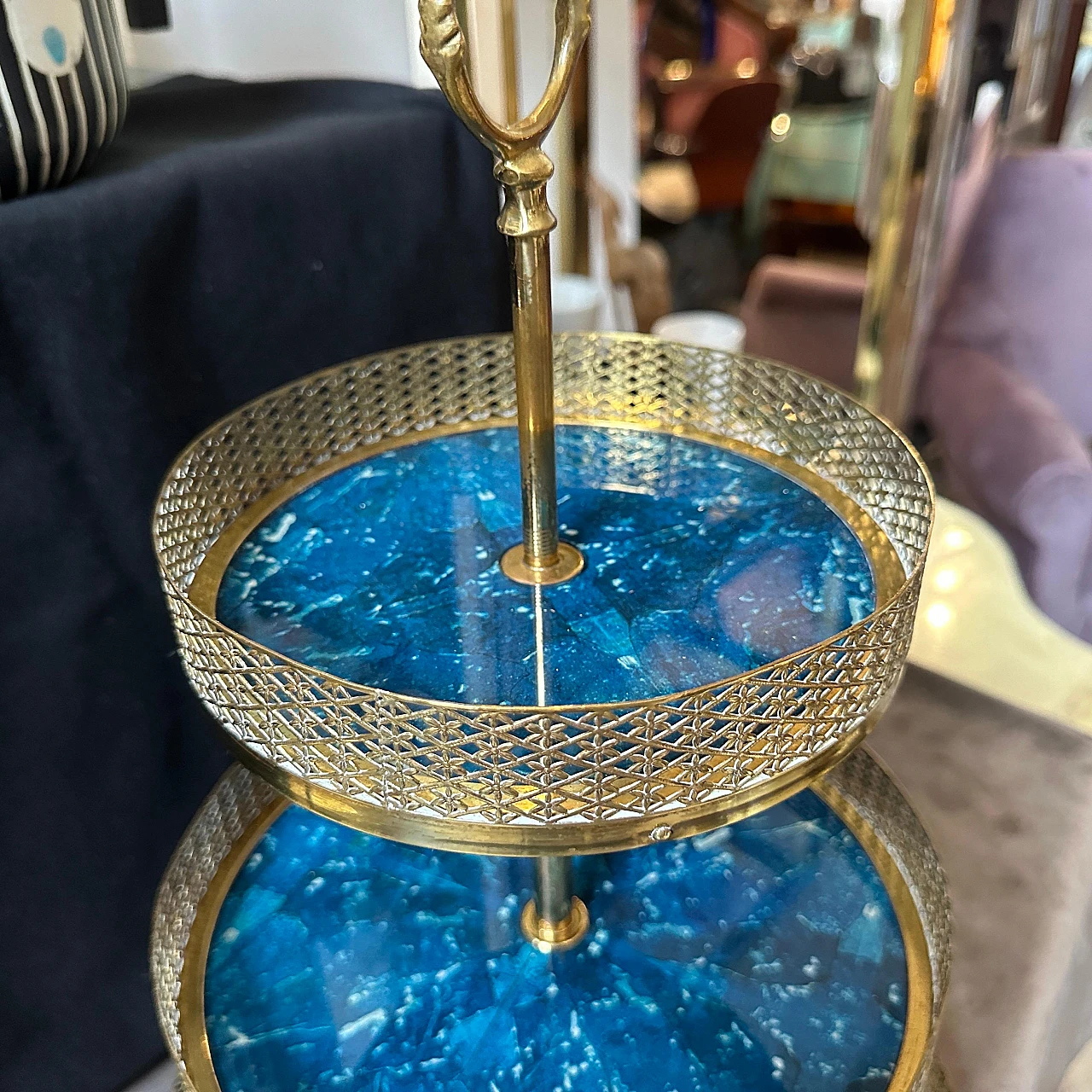 Blue goatskin and brass centrepiece by Aldo Tura, 1950s 3