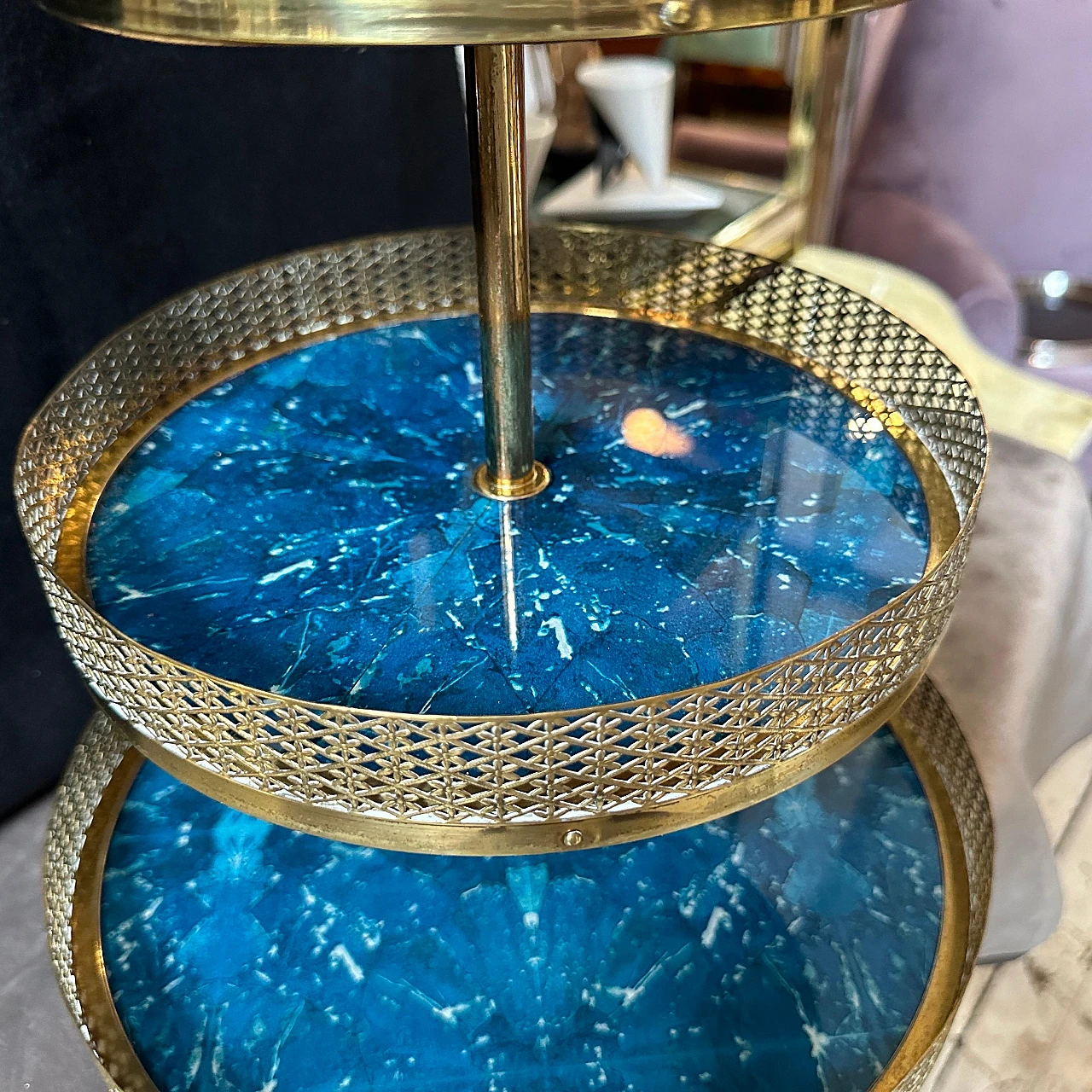 Blue goatskin and brass centrepiece by Aldo Tura, 1950s 5