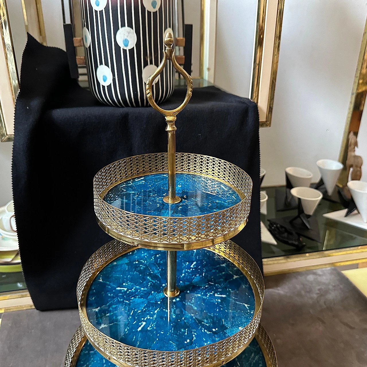 Blue goatskin and brass centrepiece by Aldo Tura, 1950s 6