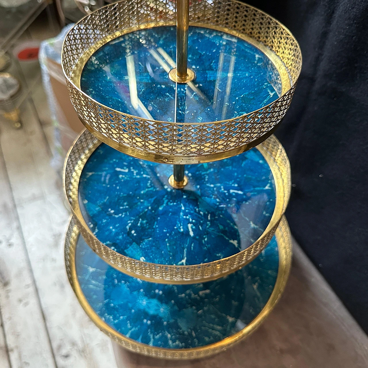 Blue goatskin and brass centrepiece by Aldo Tura, 1950s 10