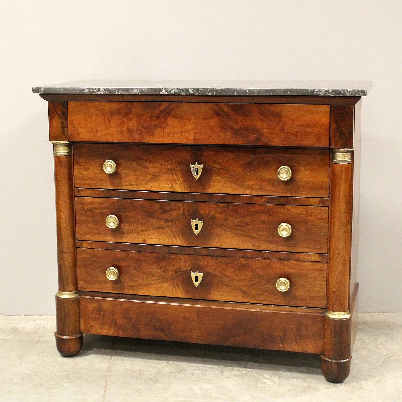 Empire chest of drawers with green marble top and walnut, 19th century 1