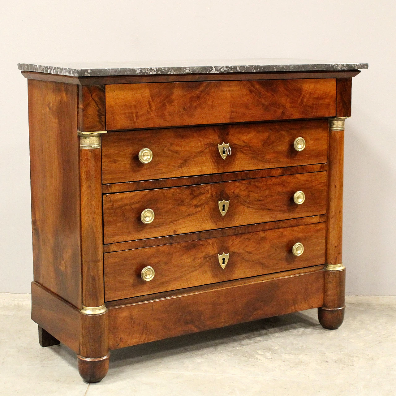 Empire chest of drawers with green marble top and walnut, 19th century 2