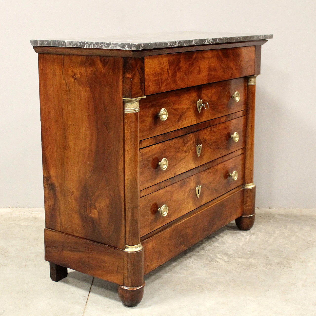 Empire chest of drawers with green marble top and walnut, 19th century 3