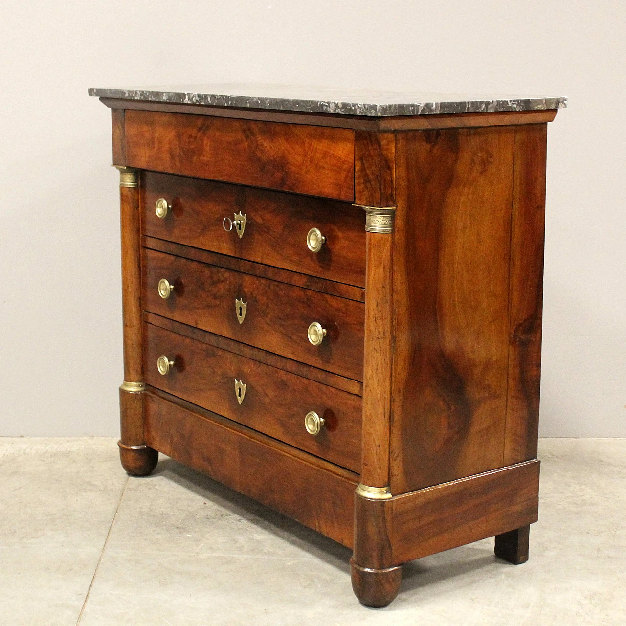 Empire chest of drawers with green marble top and walnut, 19th century 4