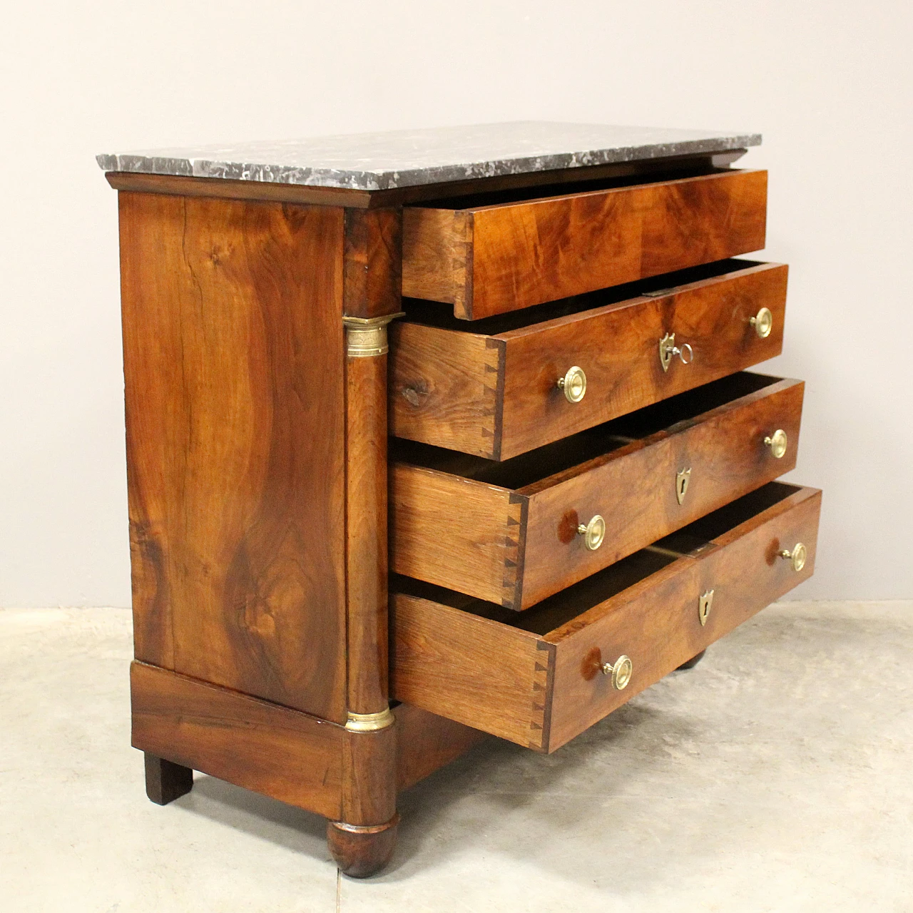 Empire chest of drawers with green marble top and walnut, 19th century 5