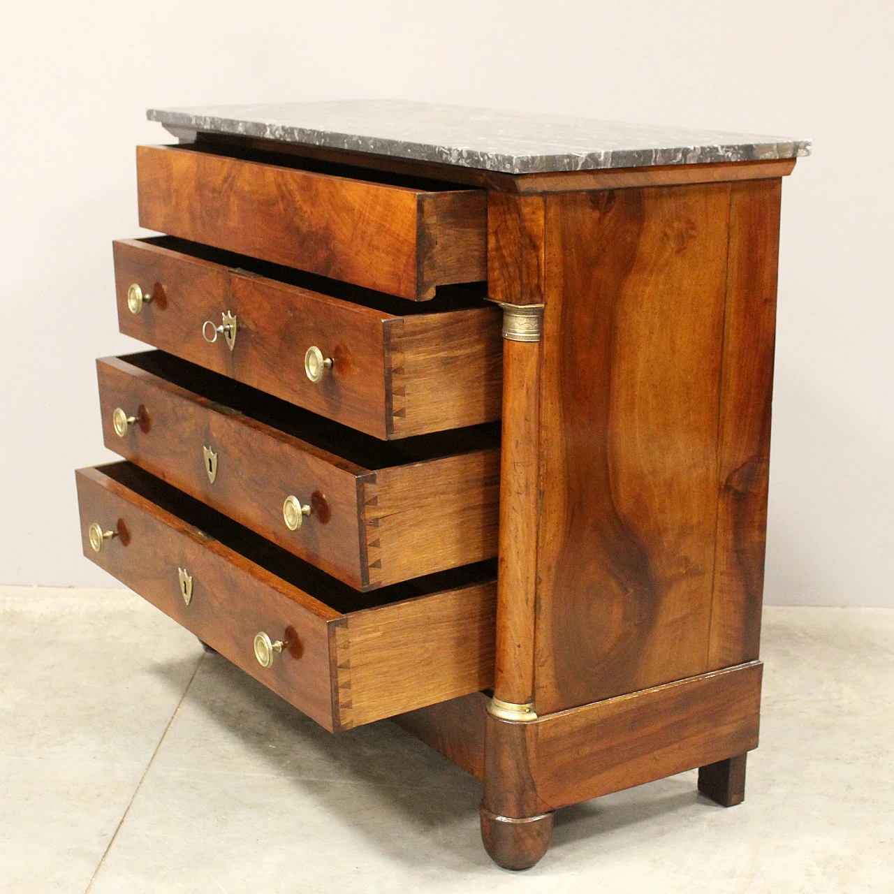 Empire chest of drawers with green marble top and walnut, 19th century 6