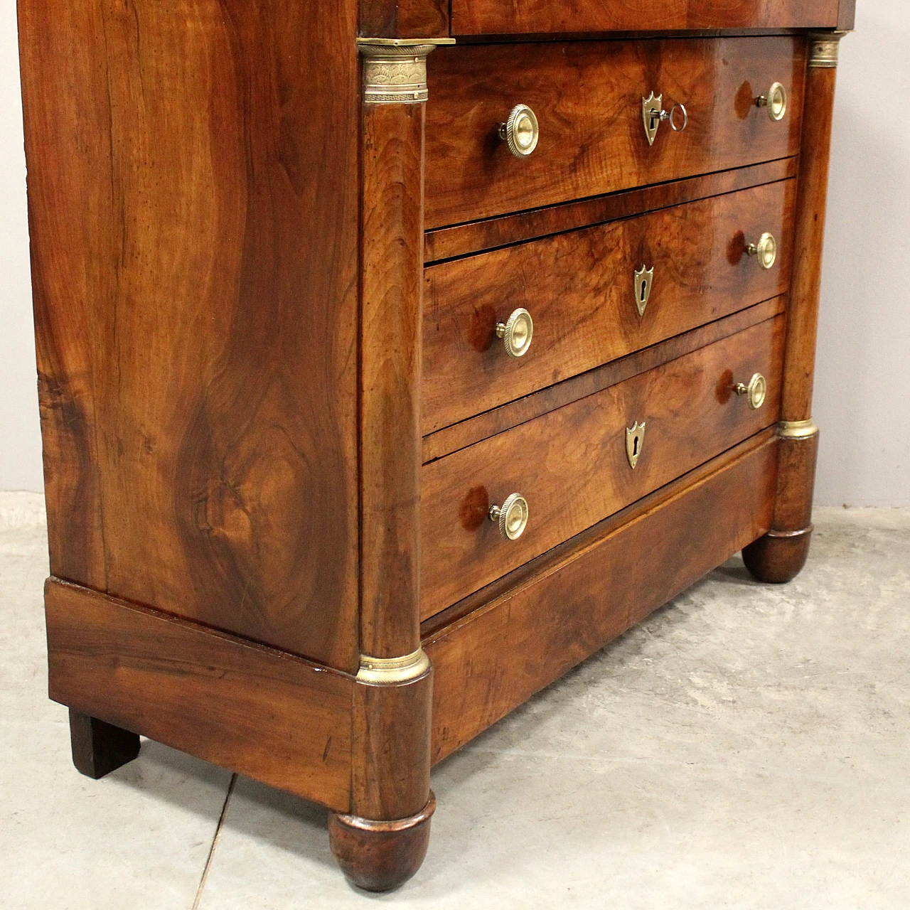 Empire chest of drawers with green marble top and walnut, 19th century 9