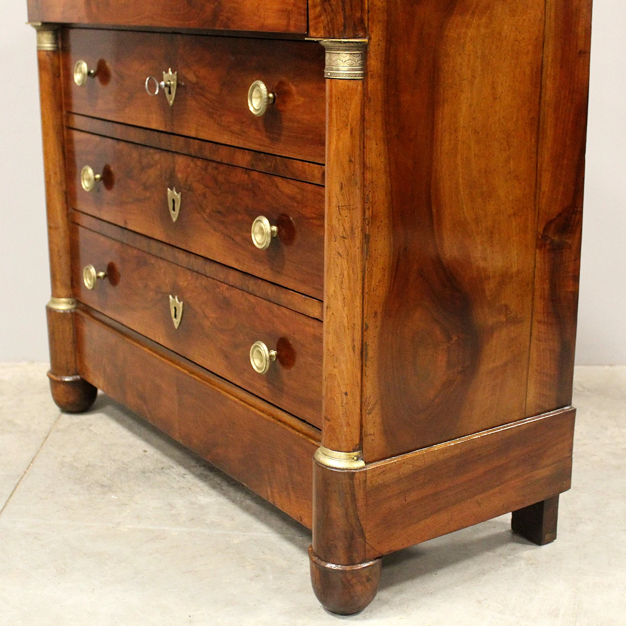 Empire chest of drawers with green marble top and walnut, 19th century 10