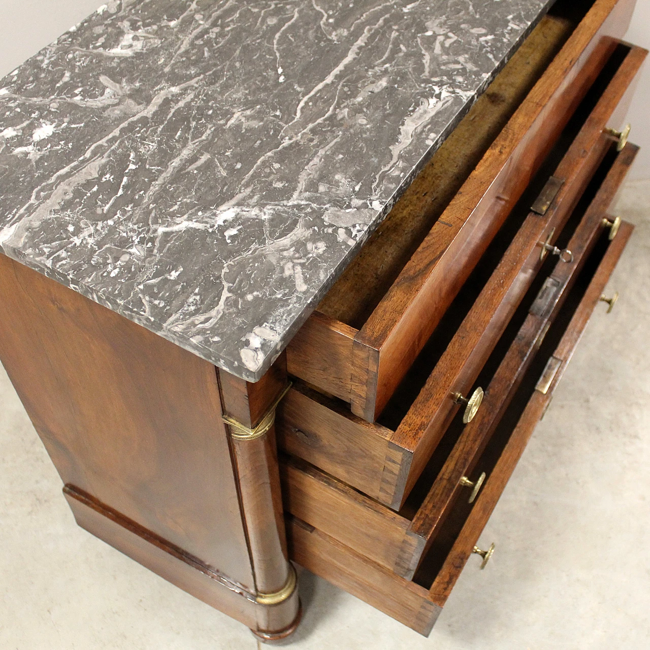 Empire chest of drawers with green marble top and walnut, 19th century 11