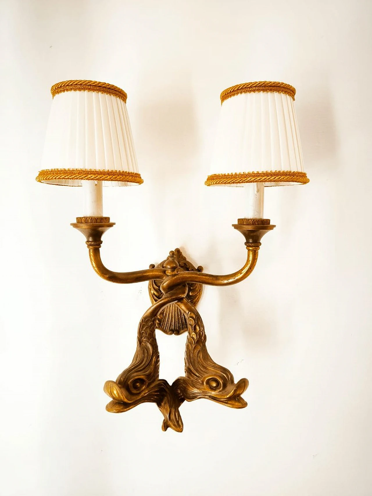 Bronze wall lights with fish and silk lampshades, 1950s 1