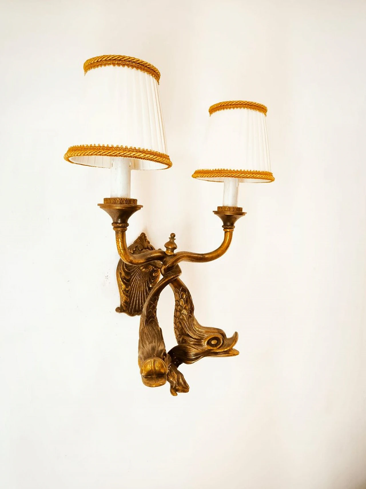 Bronze wall lights with fish and silk lampshades, 1950s 2