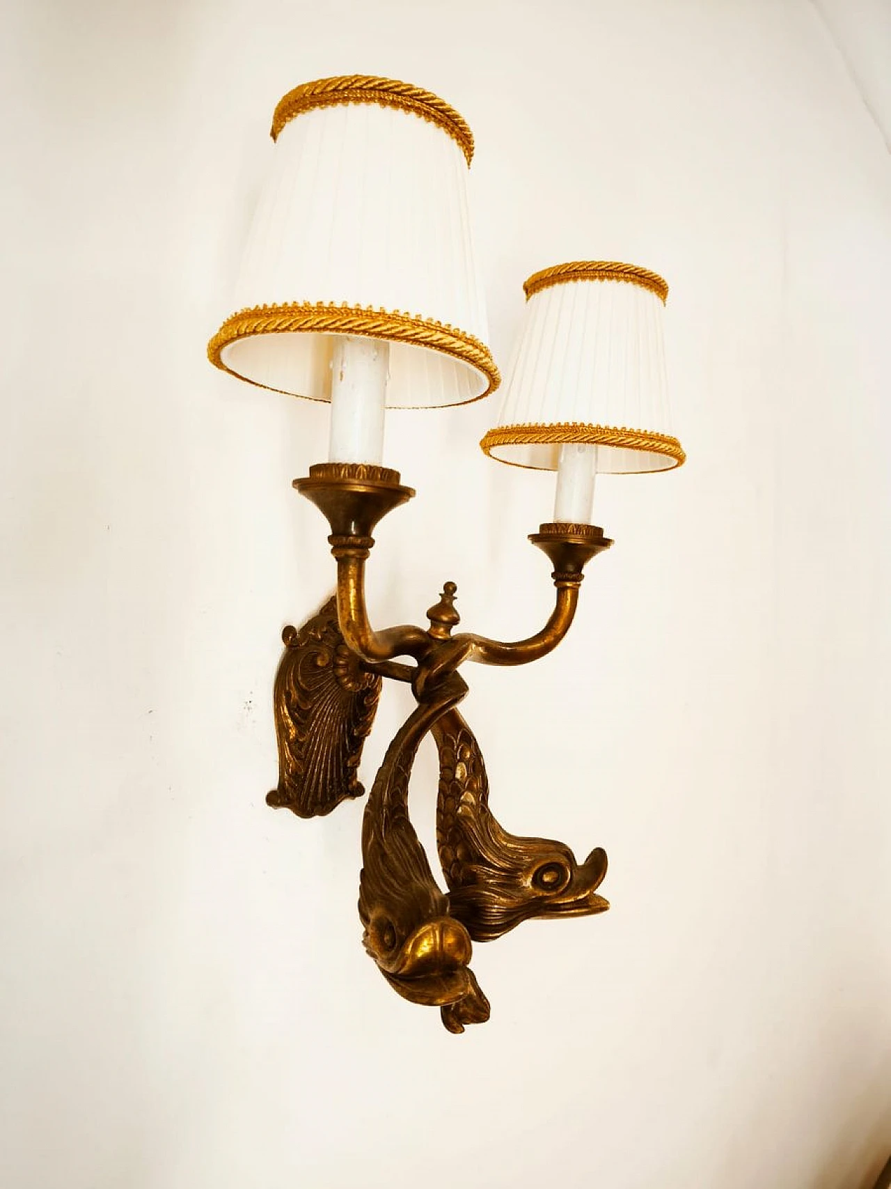 Bronze wall lights with fish and silk lampshades, 1950s 4