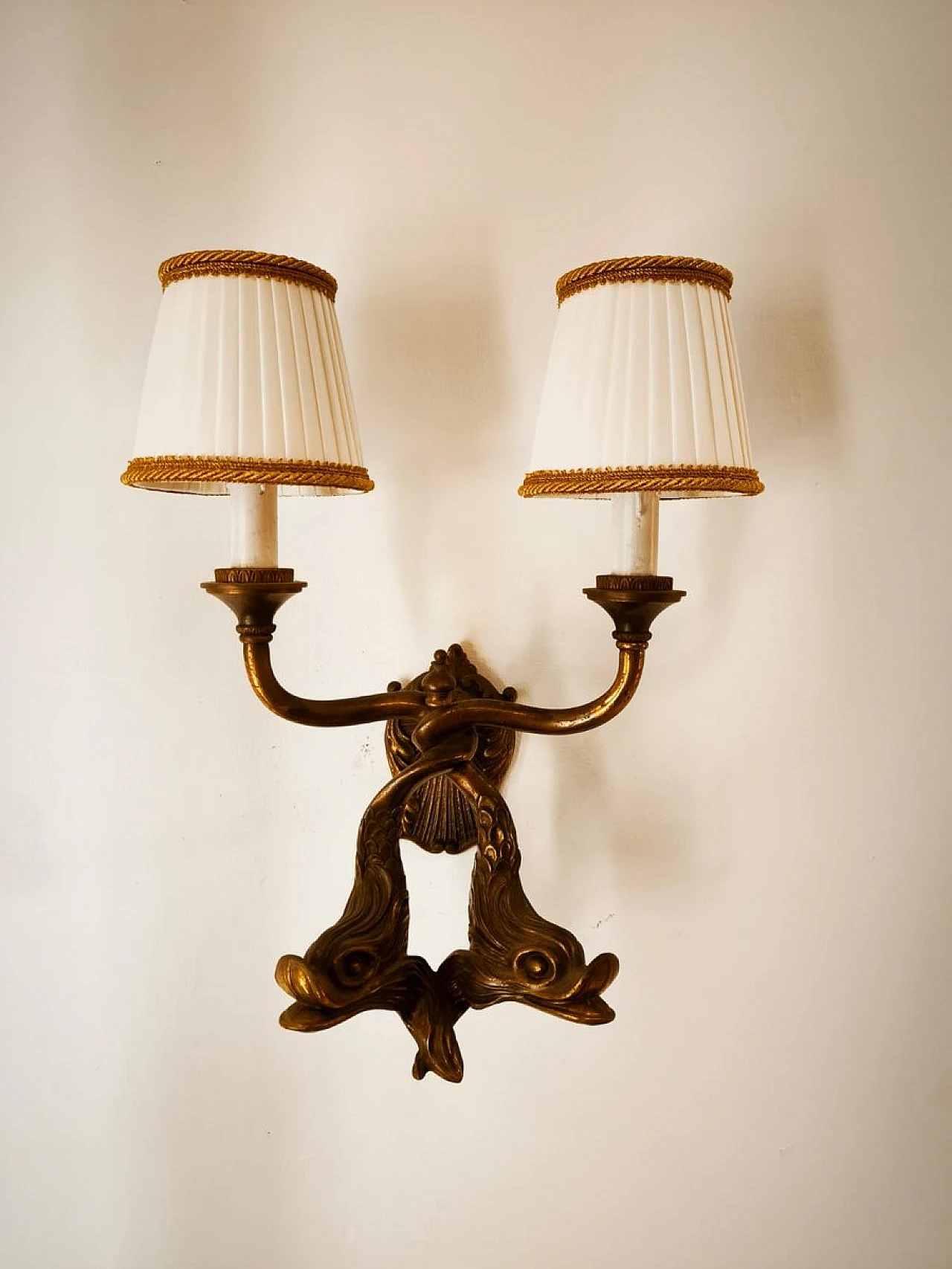 Bronze wall lights with fish and silk lampshades, 1950s 5