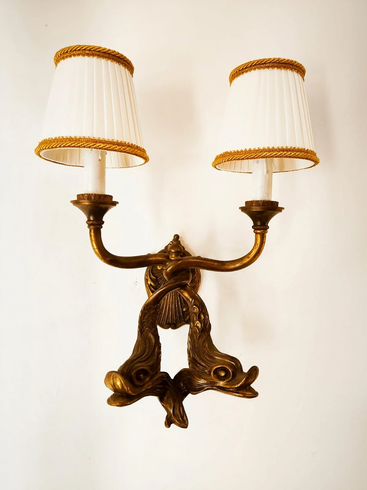 Bronze wall lights with fish and silk lampshades, 1950s 6