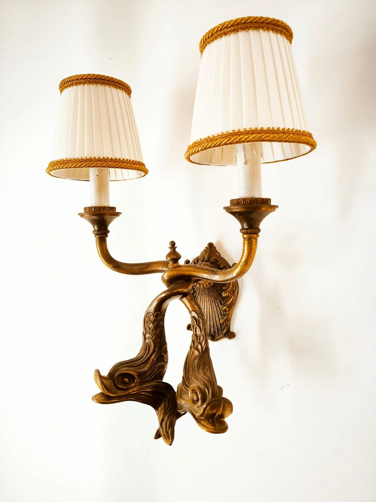 Bronze wall lights with fish and silk lampshades, 1950s 8