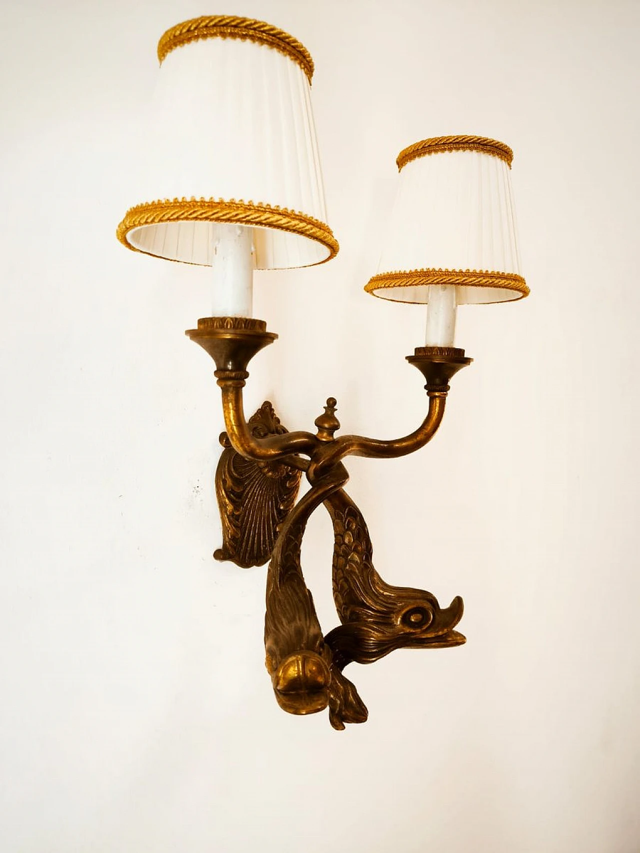 Bronze wall lights with fish and silk lampshades, 1950s 9