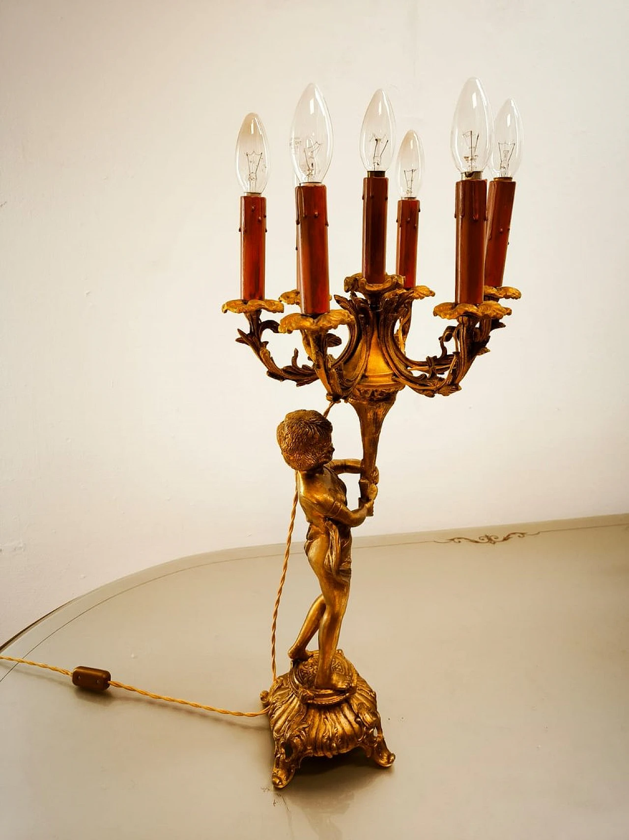 Six-light bronze Putto lamp, early 20th century 12