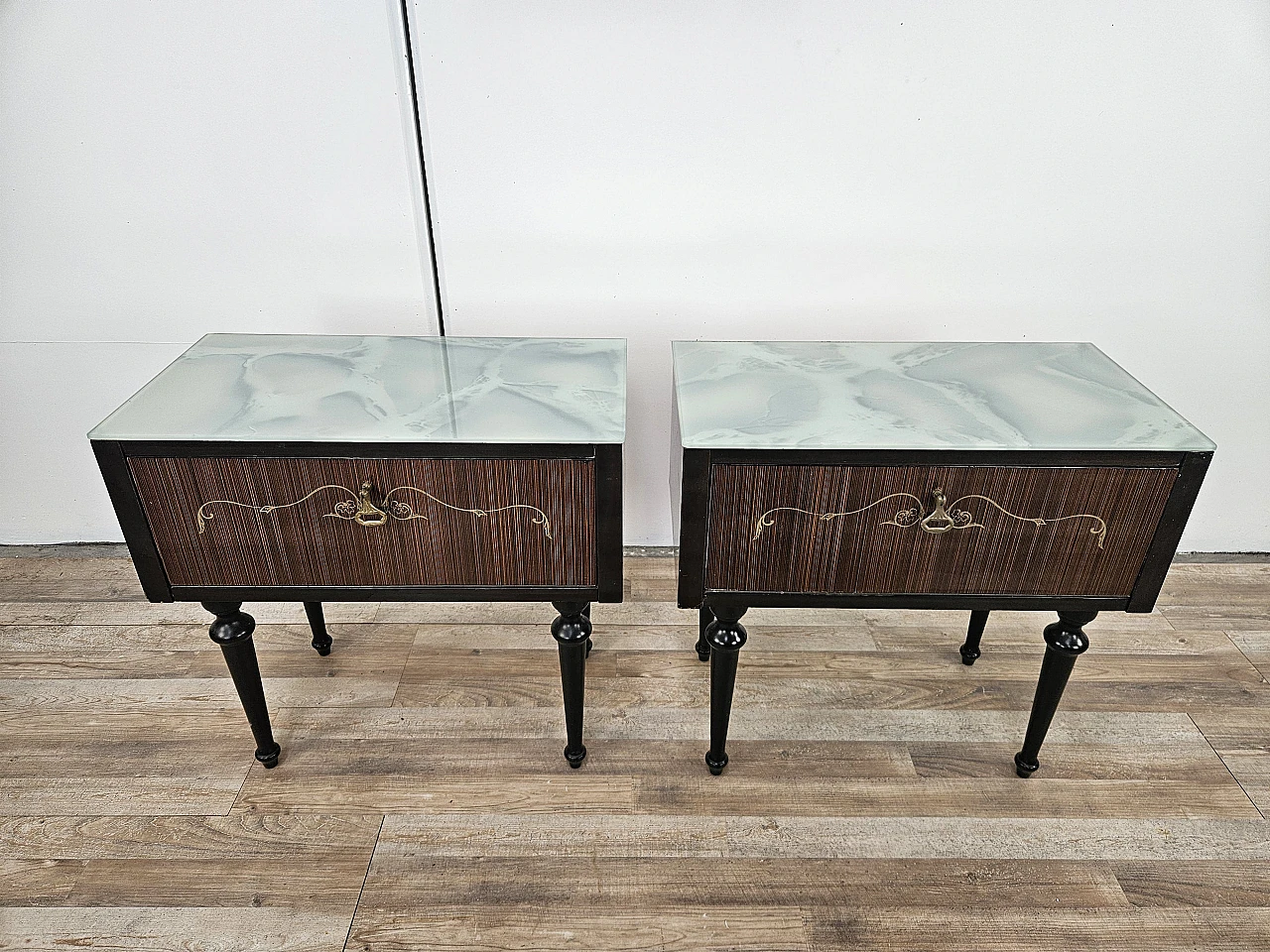 Pair of bedside tables with flap and blue glass top, 1960s 1