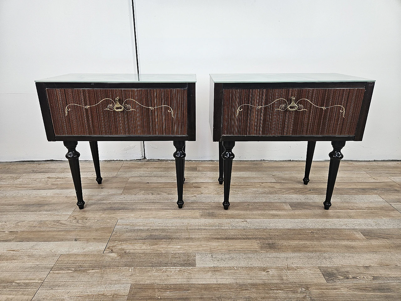 Pair of bedside tables with flap and blue glass top, 1960s 2