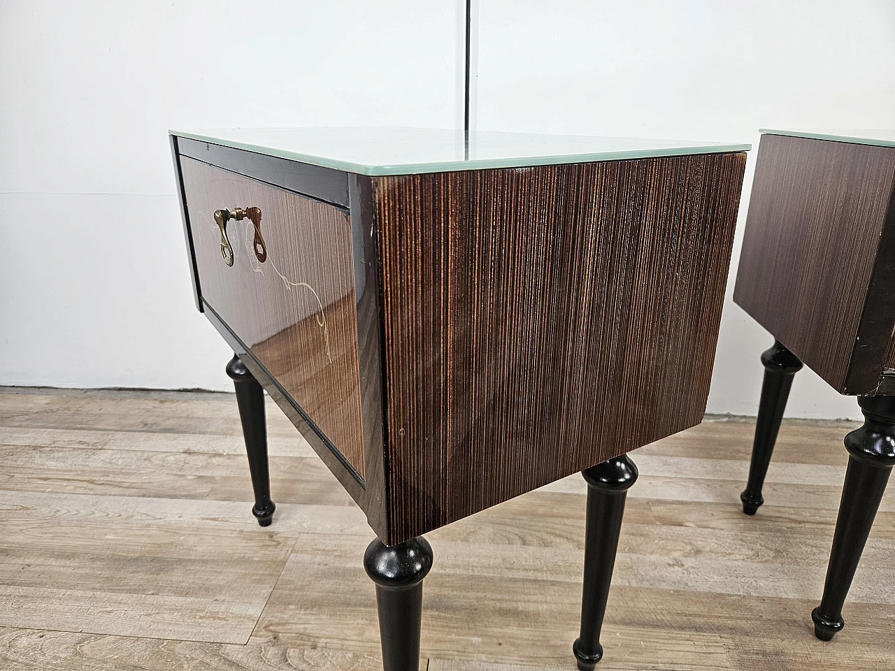 Pair of bedside tables with flap and blue glass top, 1960s 14