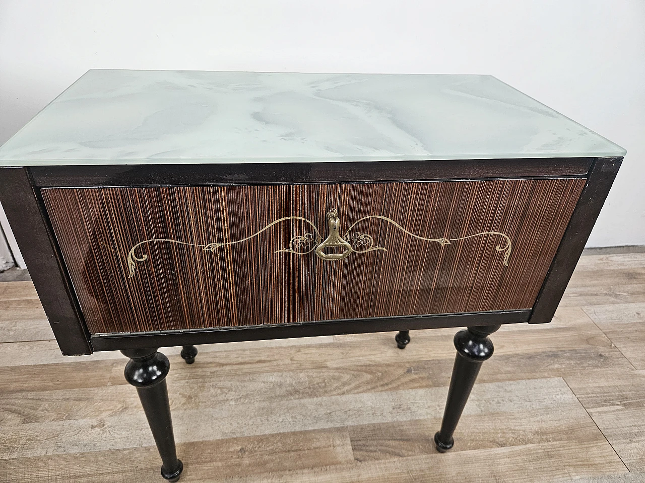 Pair of bedside tables with flap and blue glass top, 1960s 16