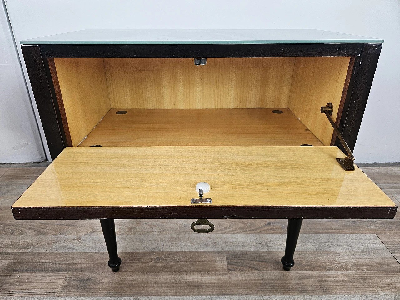 Pair of bedside tables with flap and blue glass top, 1960s 17