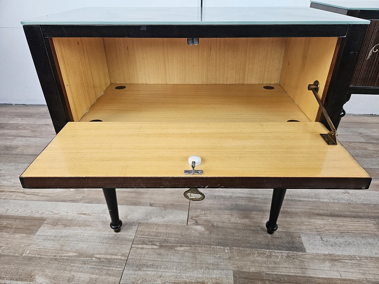 Pair of bedside tables with flap and blue glass top, 1960s 21