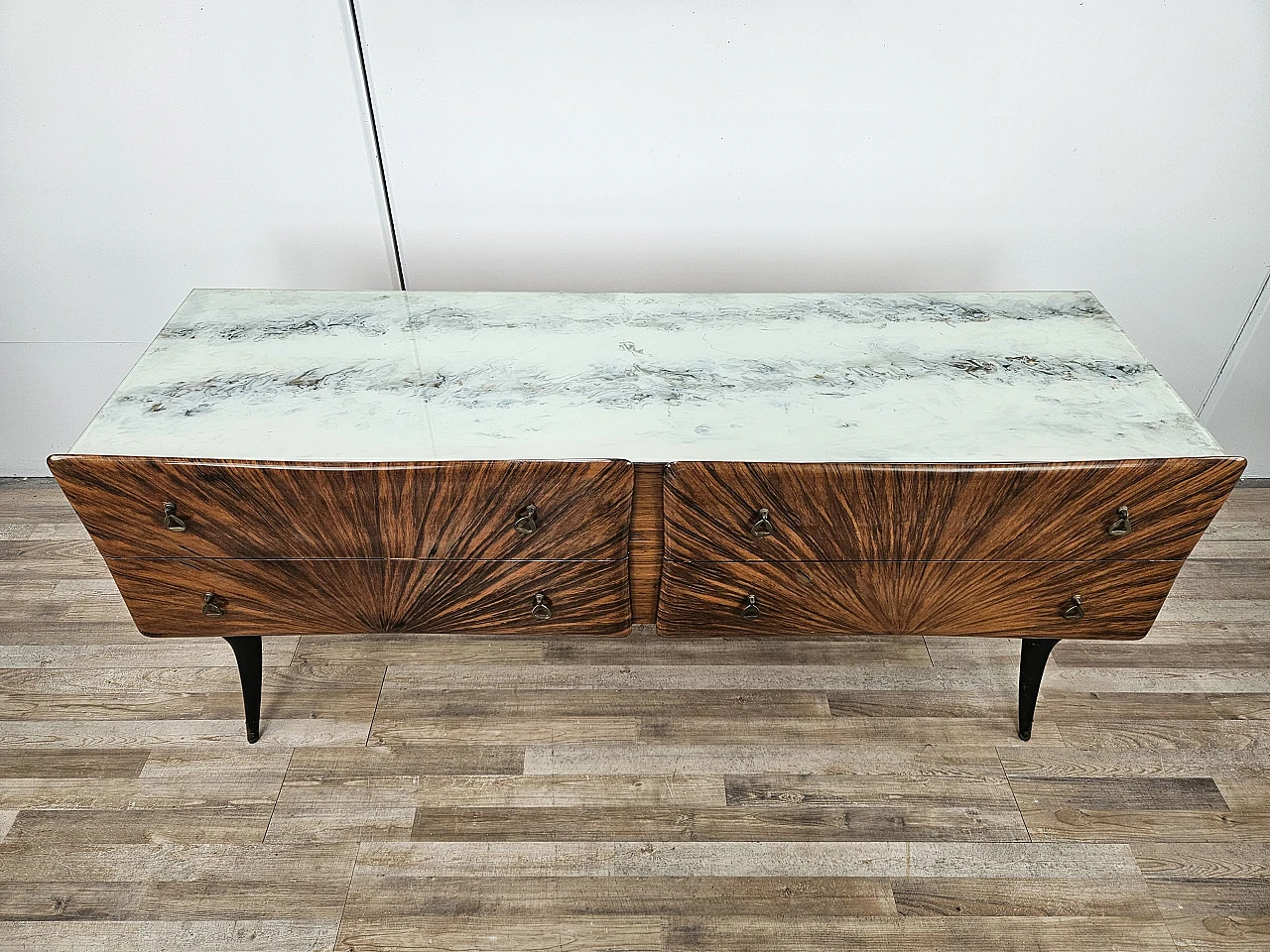 Mid Century sideboard with glass top and drawers, 1950s 2