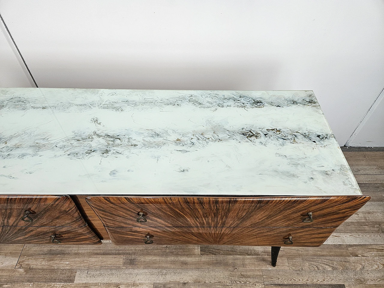 Mid Century sideboard with glass top and drawers, 1950s 8