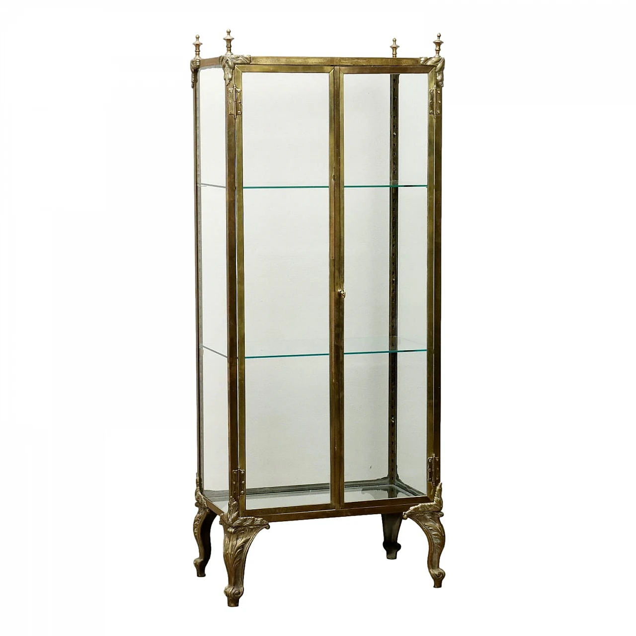 Brass & glass showcase with gilded bronze details and wavy feet 1