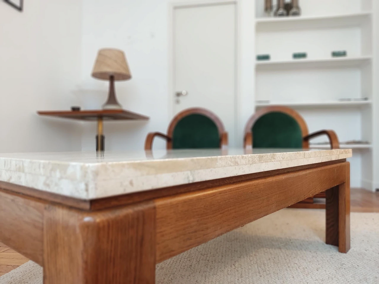 Wooden coffee table with travertine top, 1970s 3