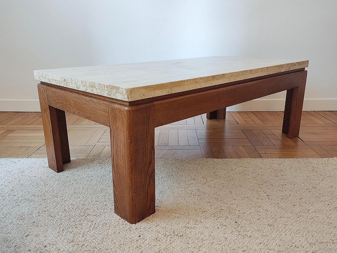 Wooden coffee table with travertine top, 1970s 4