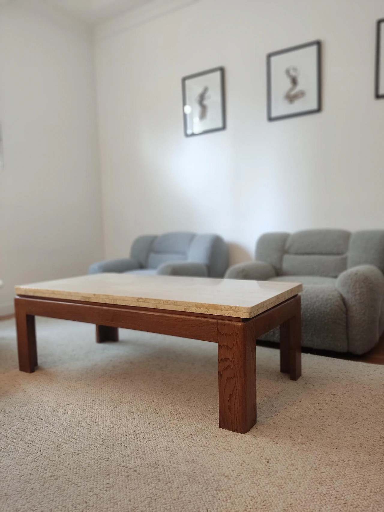 Wooden coffee table with travertine top, 1970s 9