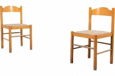 Pair of architectural chairs in wood and fabric, 1960s