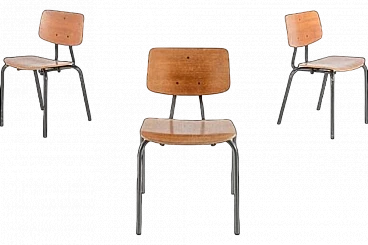 3 Steel and wood school chairs, 1960s