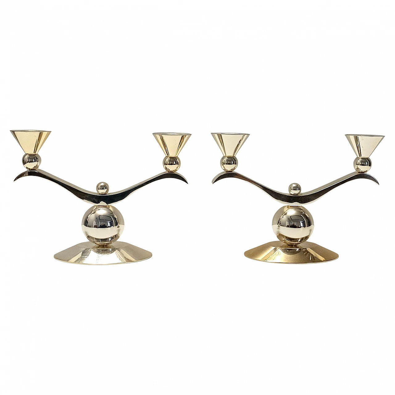 Art Deco pair of silver and gold metal candelabra, Italy 1980s 1