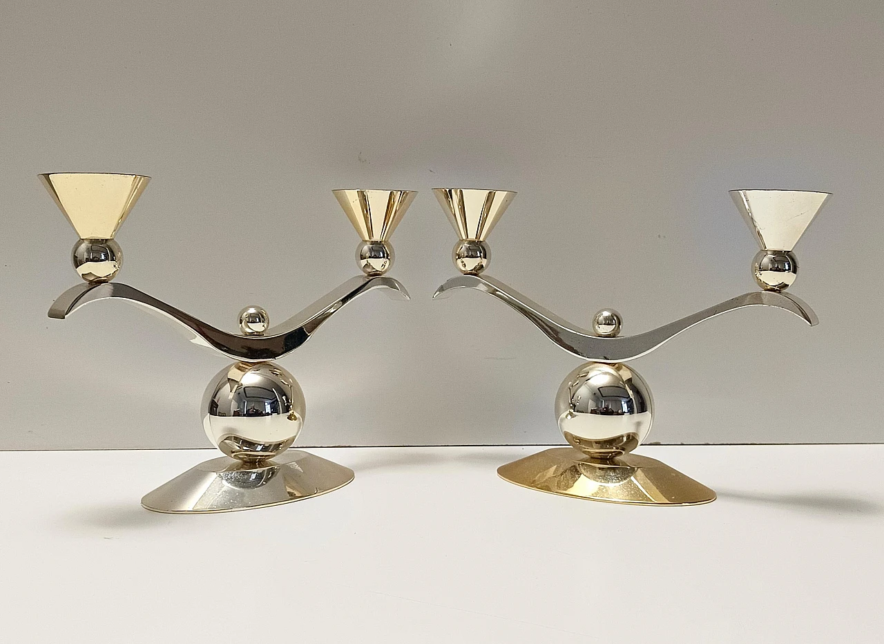 Art Deco pair of silver and gold metal candelabra, Italy 1980s 5