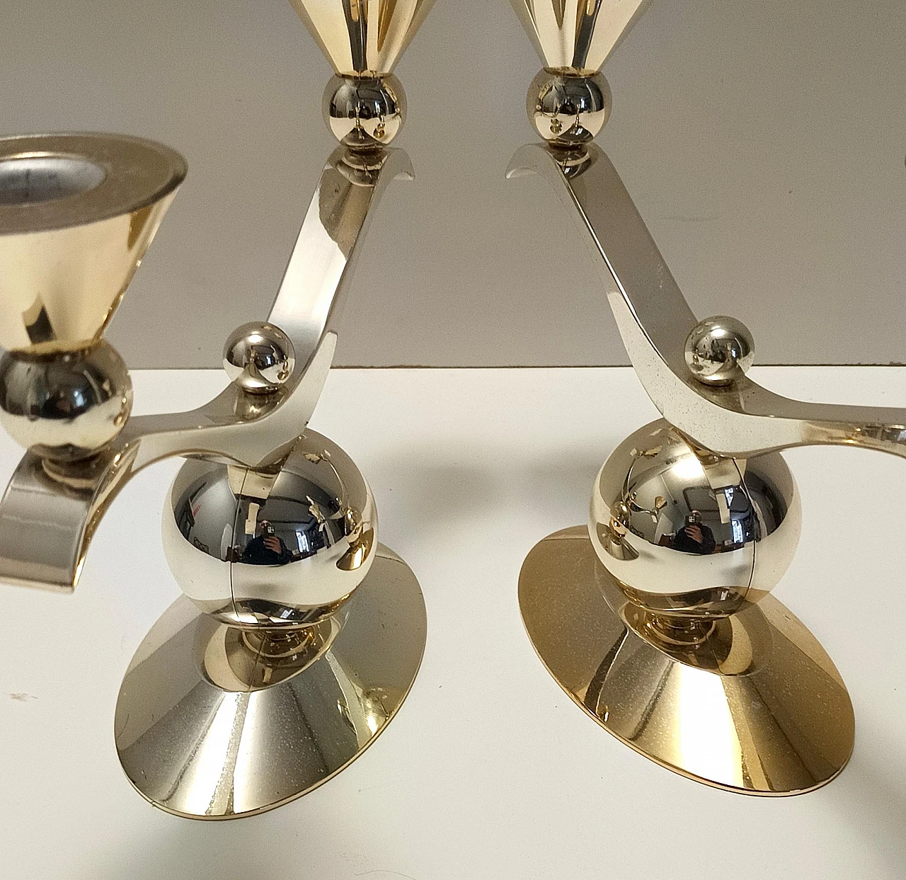 Art Deco pair of silver and gold metal candelabra, Italy 1980s 9