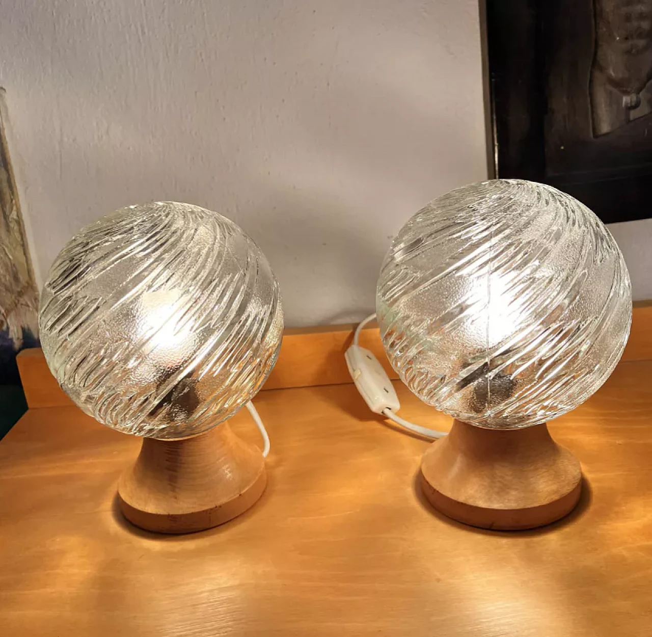 Pair of glass and beech lamps, 1970s 2