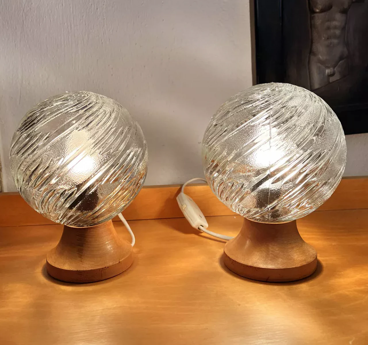 Pair of glass and beech lamps, 1970s 3