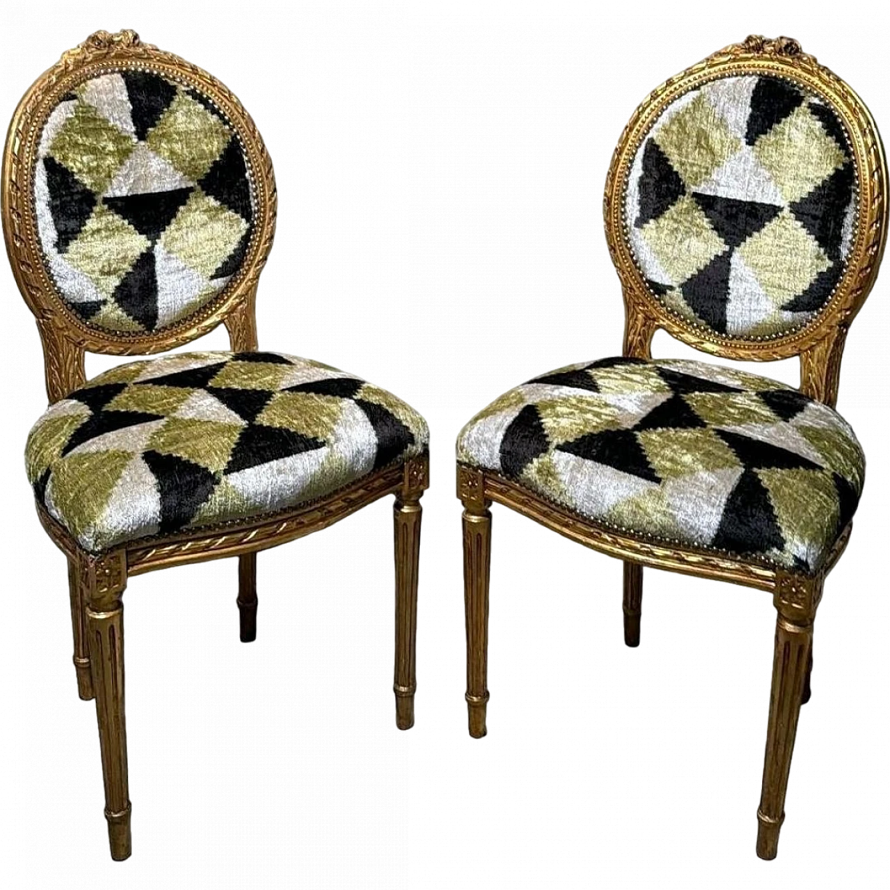 Pair of Louis XVI chairs in wood and Ikat velvet, 19th century 21