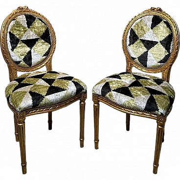 Pair of Louis XVI chairs in wood and Ikat velvet, 19th century