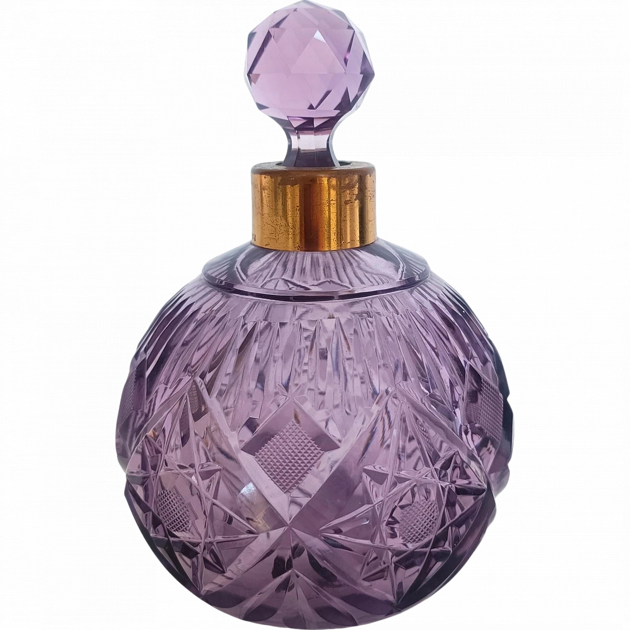 Lilac hand cut crystal glass and brass parfume bottle, 1940s 13