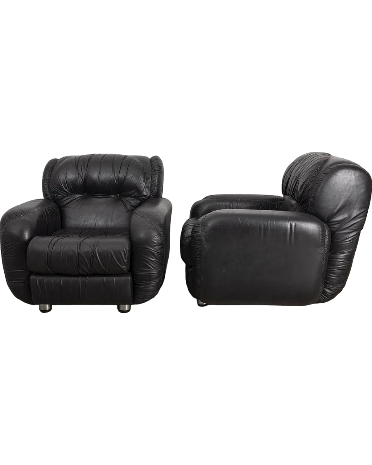 Pair of black leather armchairs, 1970s 12