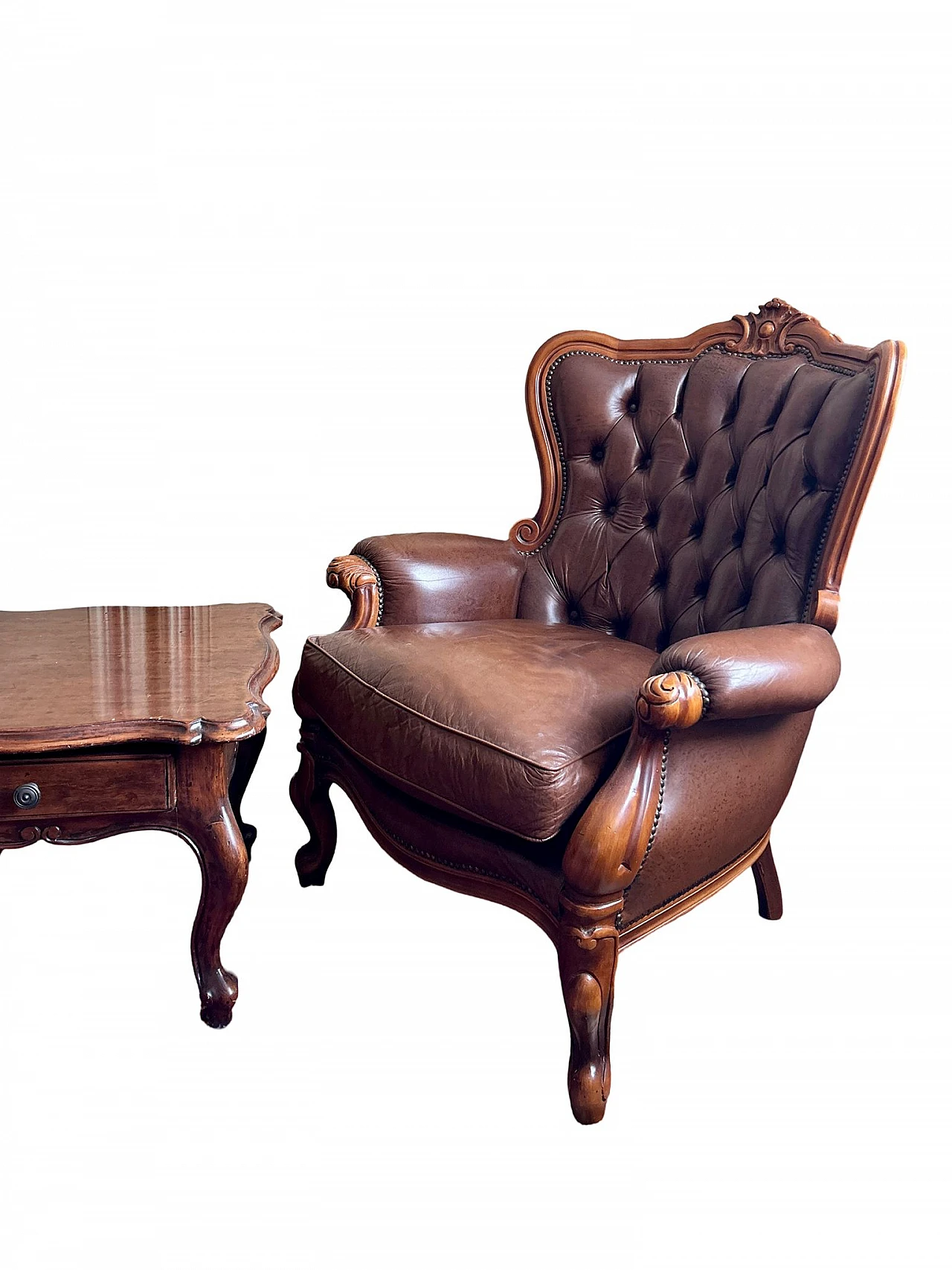 Armchairs in pure leather with wood table, 1970 1