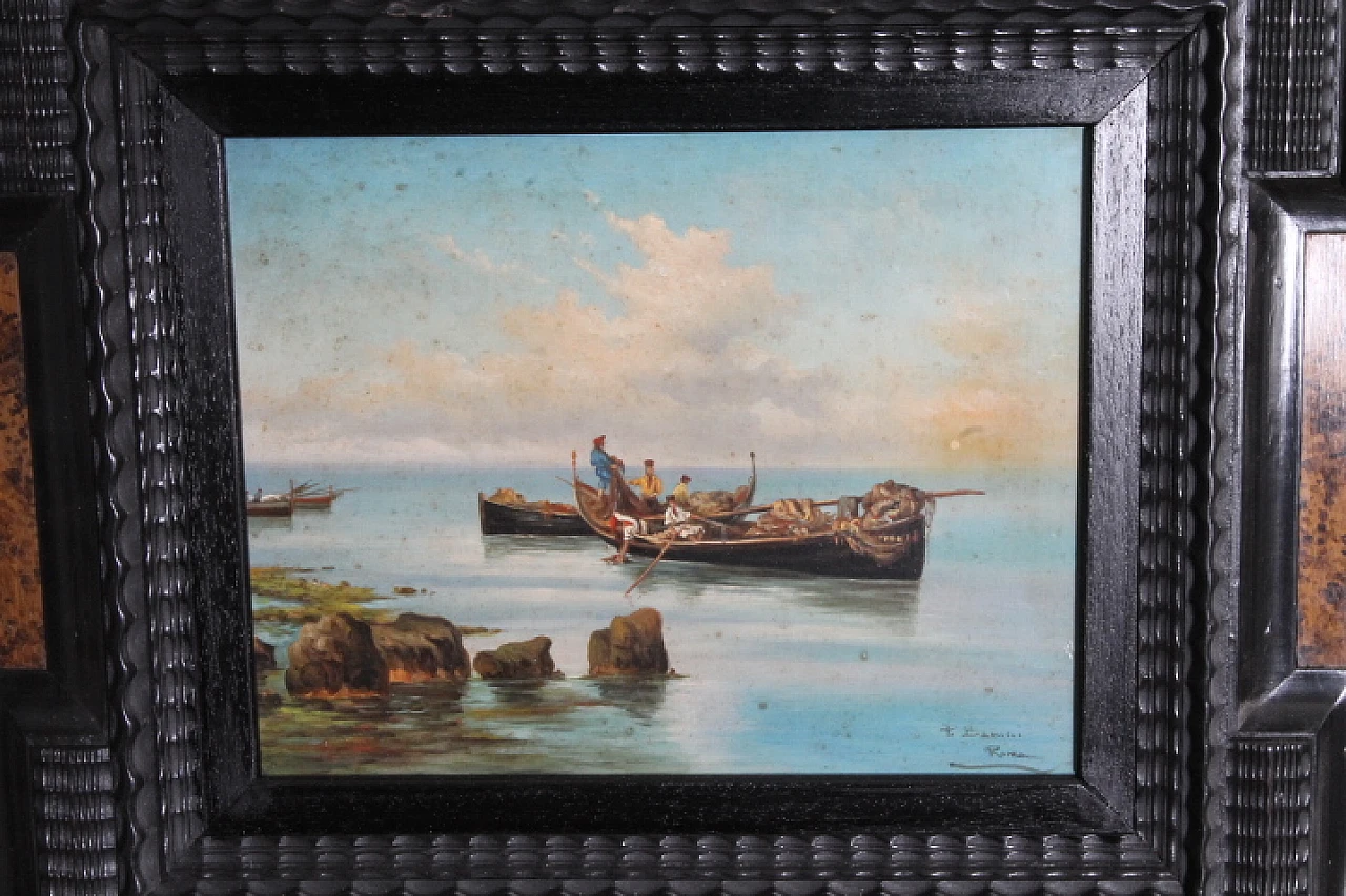 P. Barucci, Fishermen, olio painting on marine wood,early 20th century 1