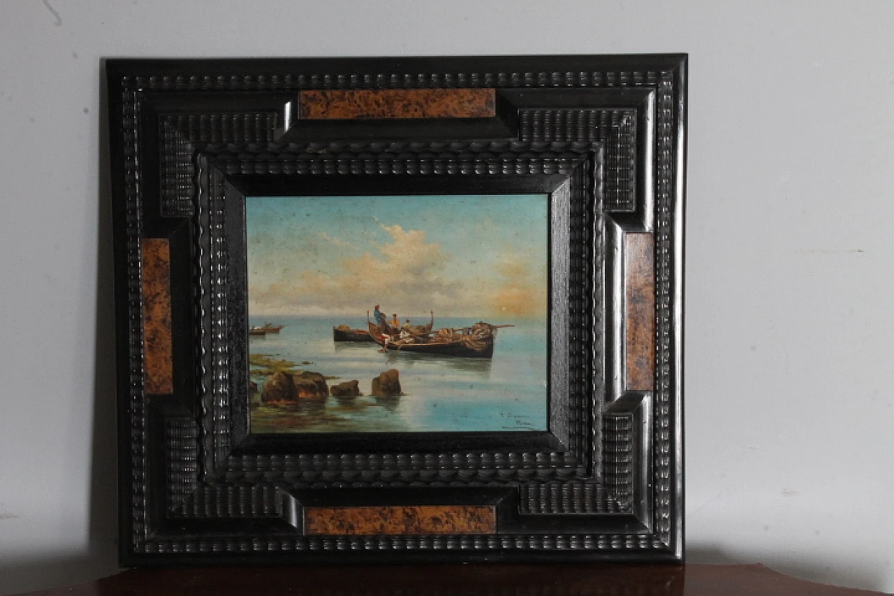 P. Barucci, Fishermen, olio painting on marine wood,early 20th century 2