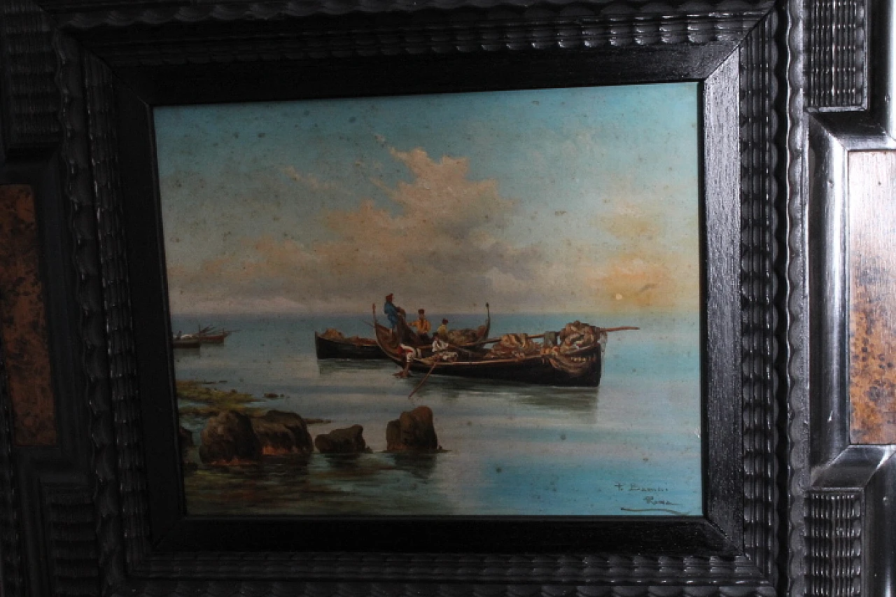 P. Barucci, Fishermen, olio painting on marine wood,early 20th century 3